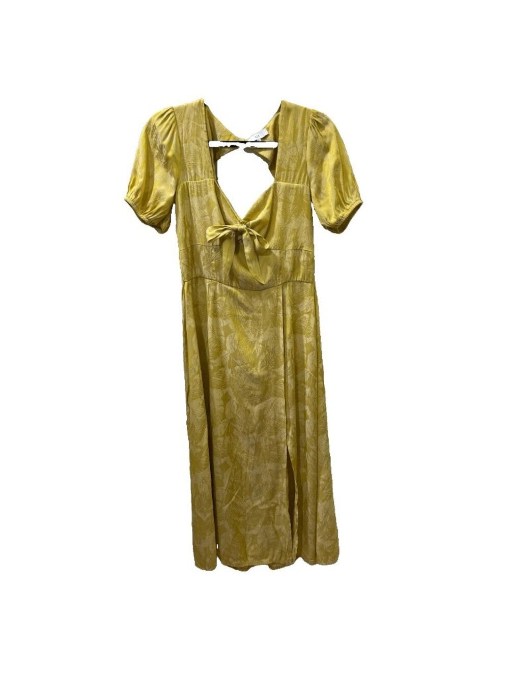 NSR Yellow Midi Dress Tie Front Bust Puff Sleeves And Front Slit Women Large